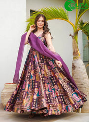 Beautiful Purple Color Digital Print Silk Party Wear Gown